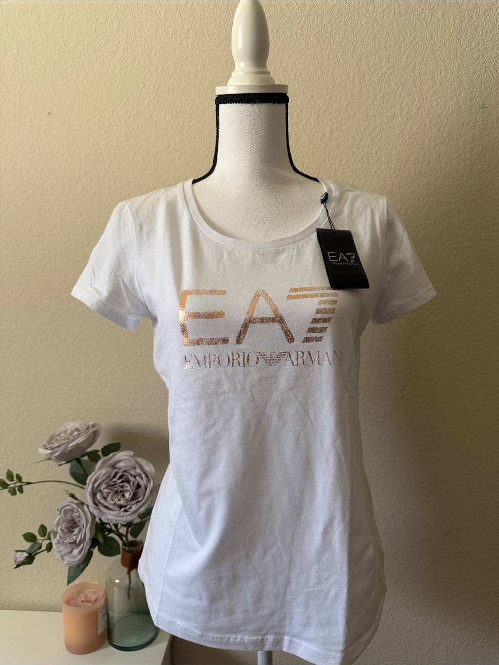 Emporio Armani White Tee with Metallic Rose Logo